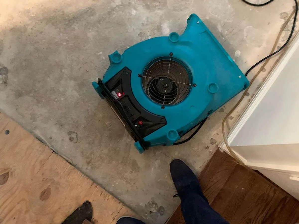 Air mover drying subfloor during Commercial Water Damage Restoration in Princeton